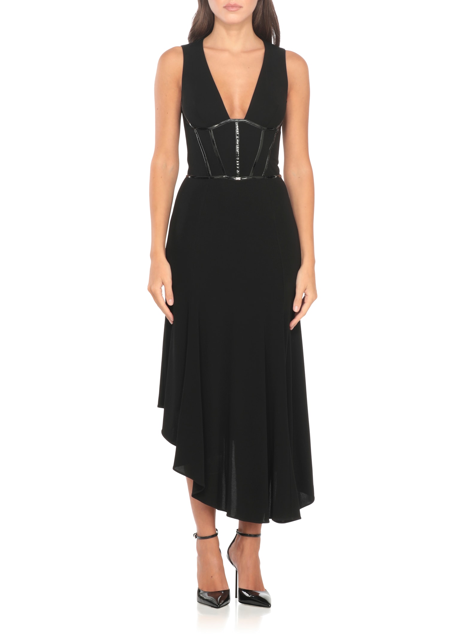 Elisabetta Franchi Viscose Midi Dress With Asymmetrical Hemline In Black