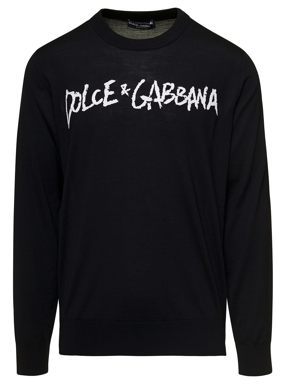DOLCE & GABBANA BLACK PULLOVER WITH CONTRASTING LOGO PRINT IN WOOL MAN