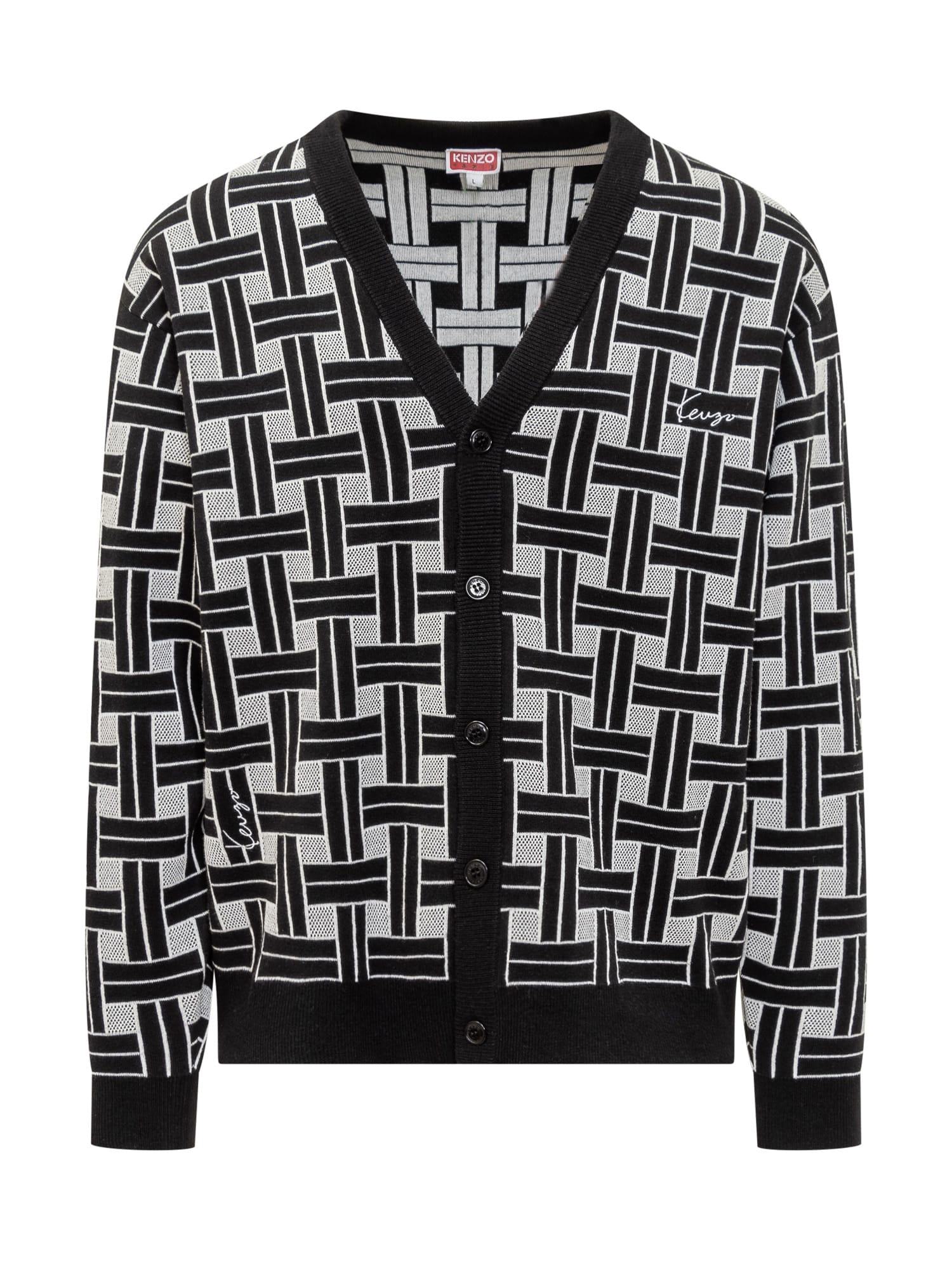 Shop Kenzo Cardigan With Geometric Pattern In Black