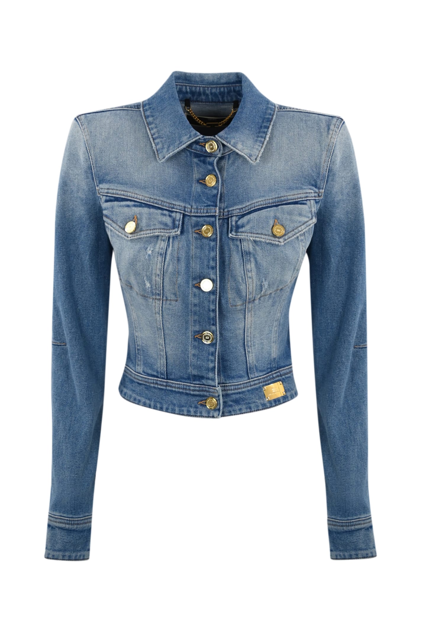 Shop Elisabetta Franchi Cropped Denim Jacket In Azzurro
