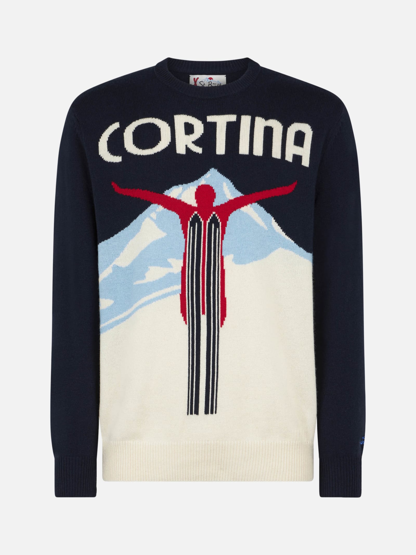 Shop Mc2 Saint Barth Man Crewneck Sweater With Cortina Postcard Jacquard Print In Blue