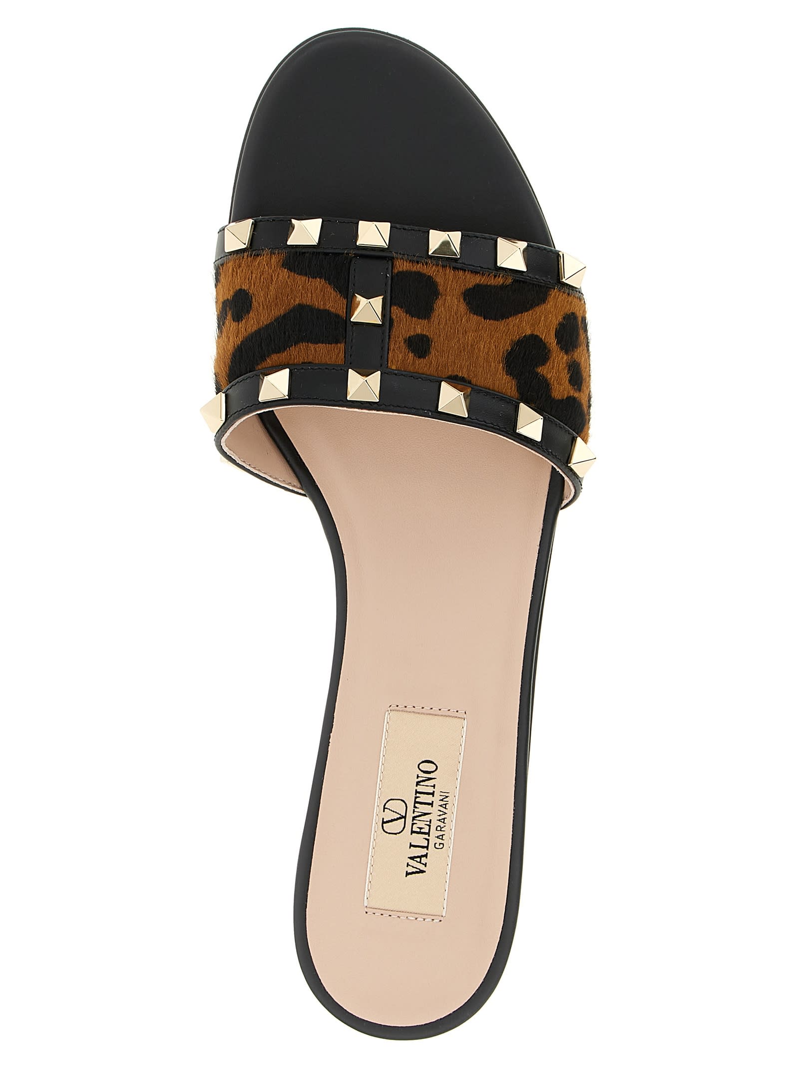 Valentino Rockstud Animal Print Flat Slides In Brown