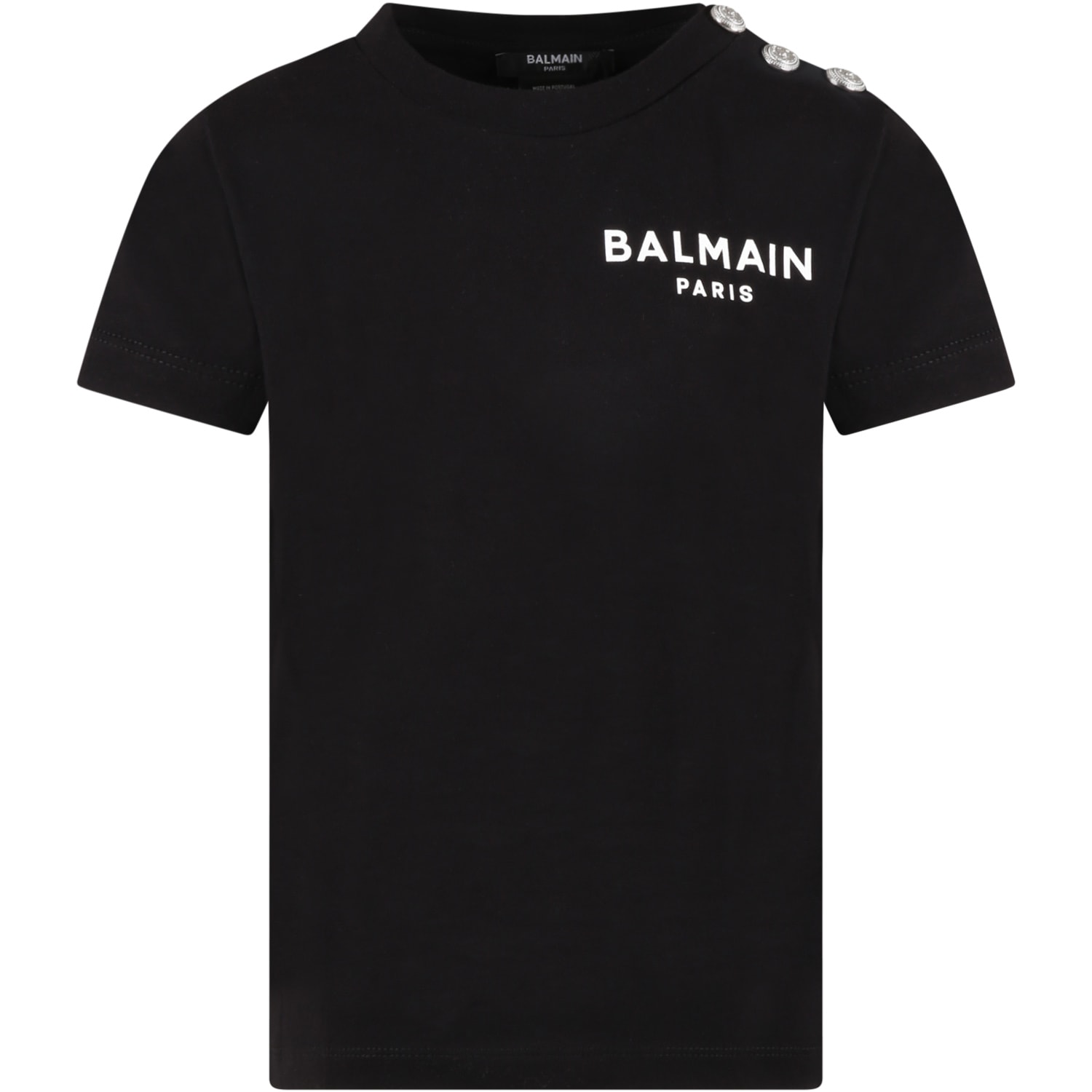 Balmain Black T-shirt For Kids With White Logo And Iconic Buttons