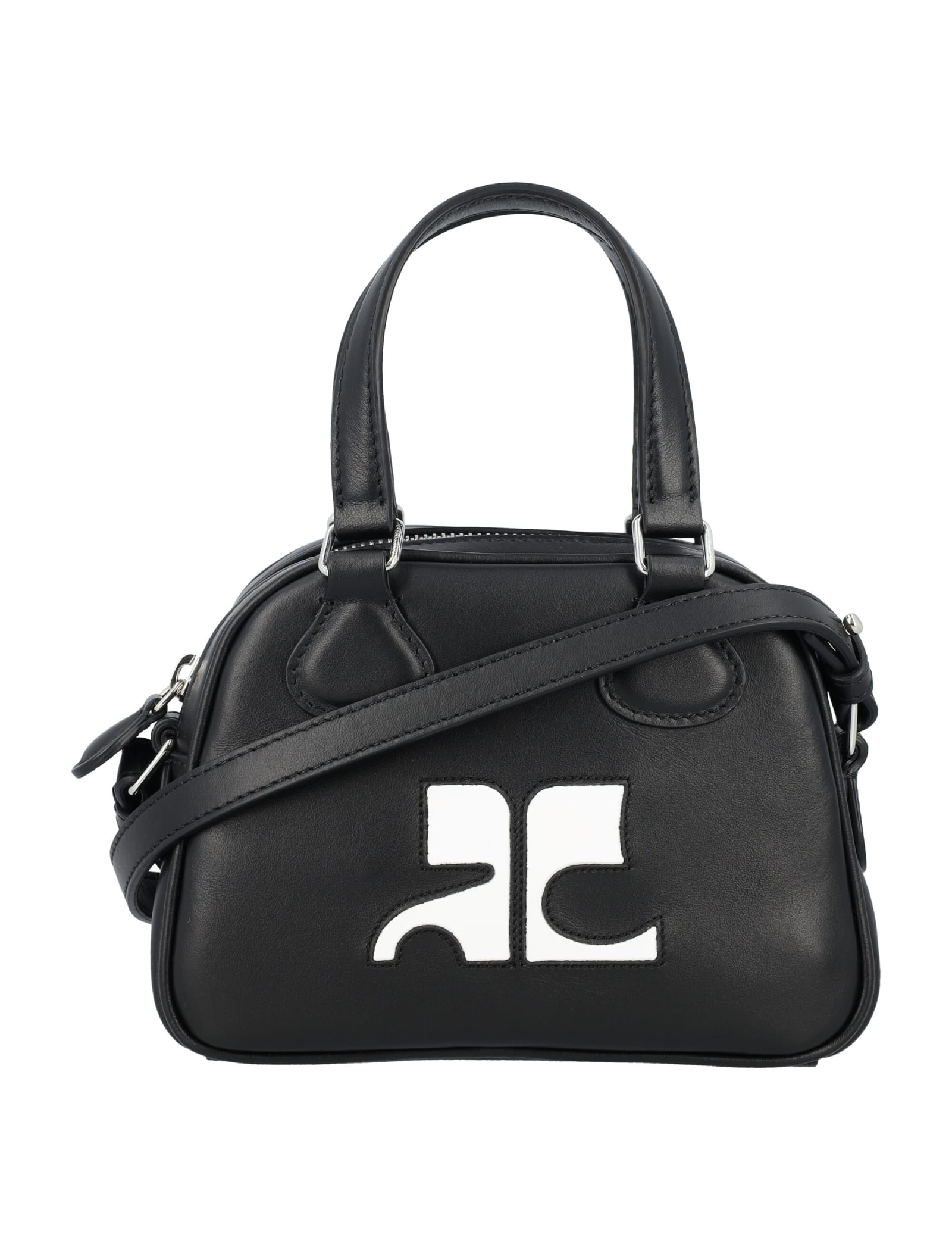 Shop Courrèges Mini Leather Bowling Bag In Black