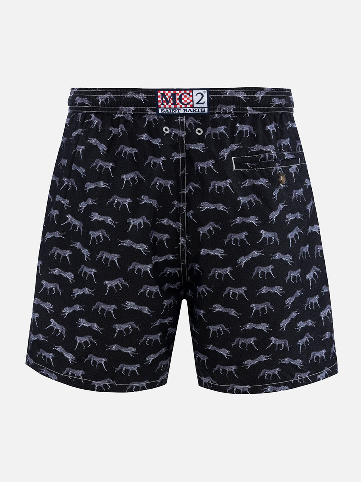 Mc2 Saint Barth Man Lightweight Fabric Swim-shorts Lighting 70 With Micro Cheeta Print In Black