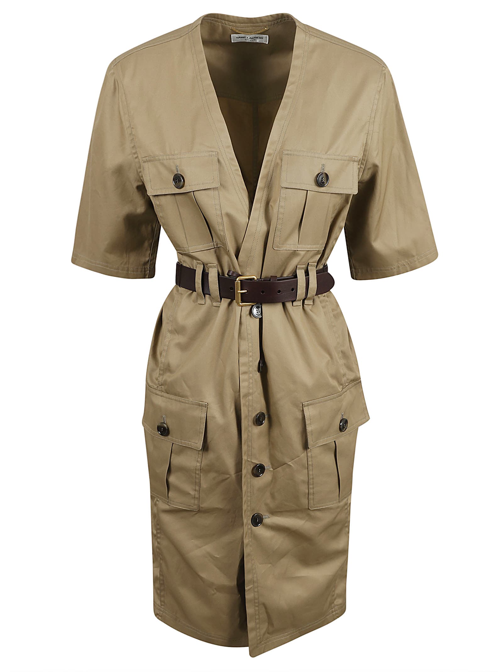 Shop Saint Laurent Belted Cargo Dress In Beige