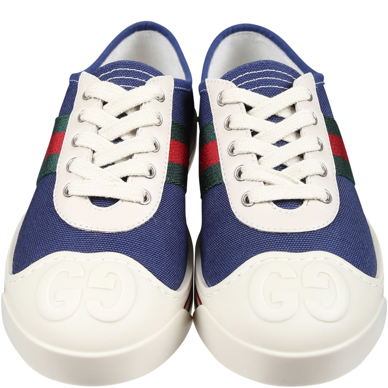 Shop Gucci Blue Canvas Trainer For Kids With Green And Red Web