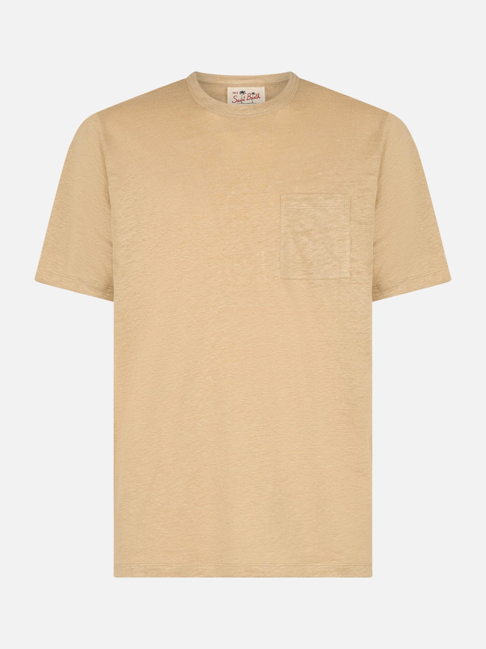 Mc2 Saint Barth Man Beige Linen Jersey T-shirt Ecstasea With Pocket In White