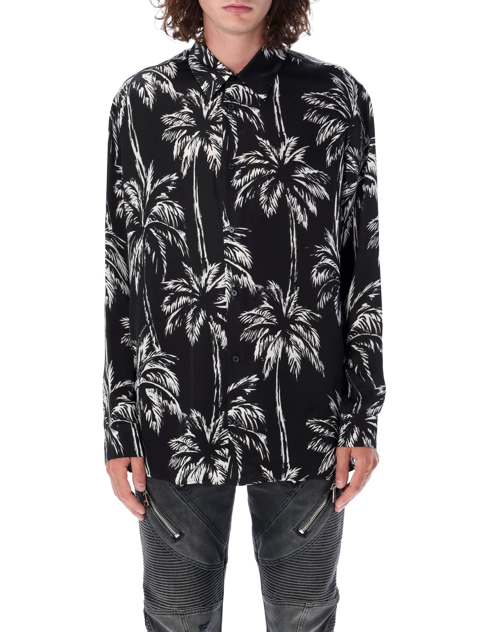 Shop Balmain Palm Print Shirt In Nero