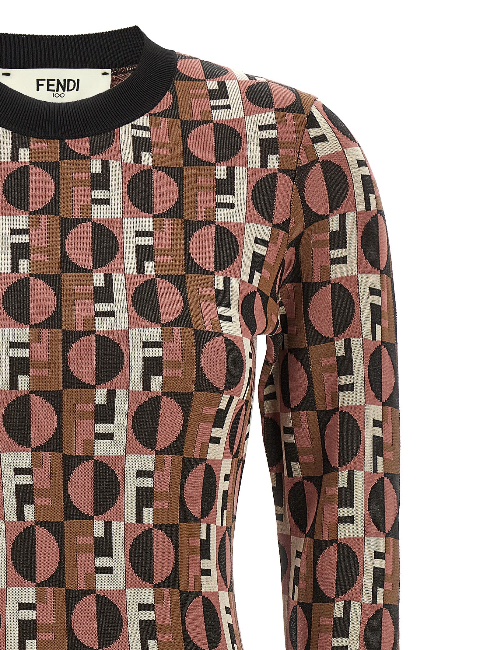 Fendi Optical Crew Neck Geometric Pattern Dress In Brown