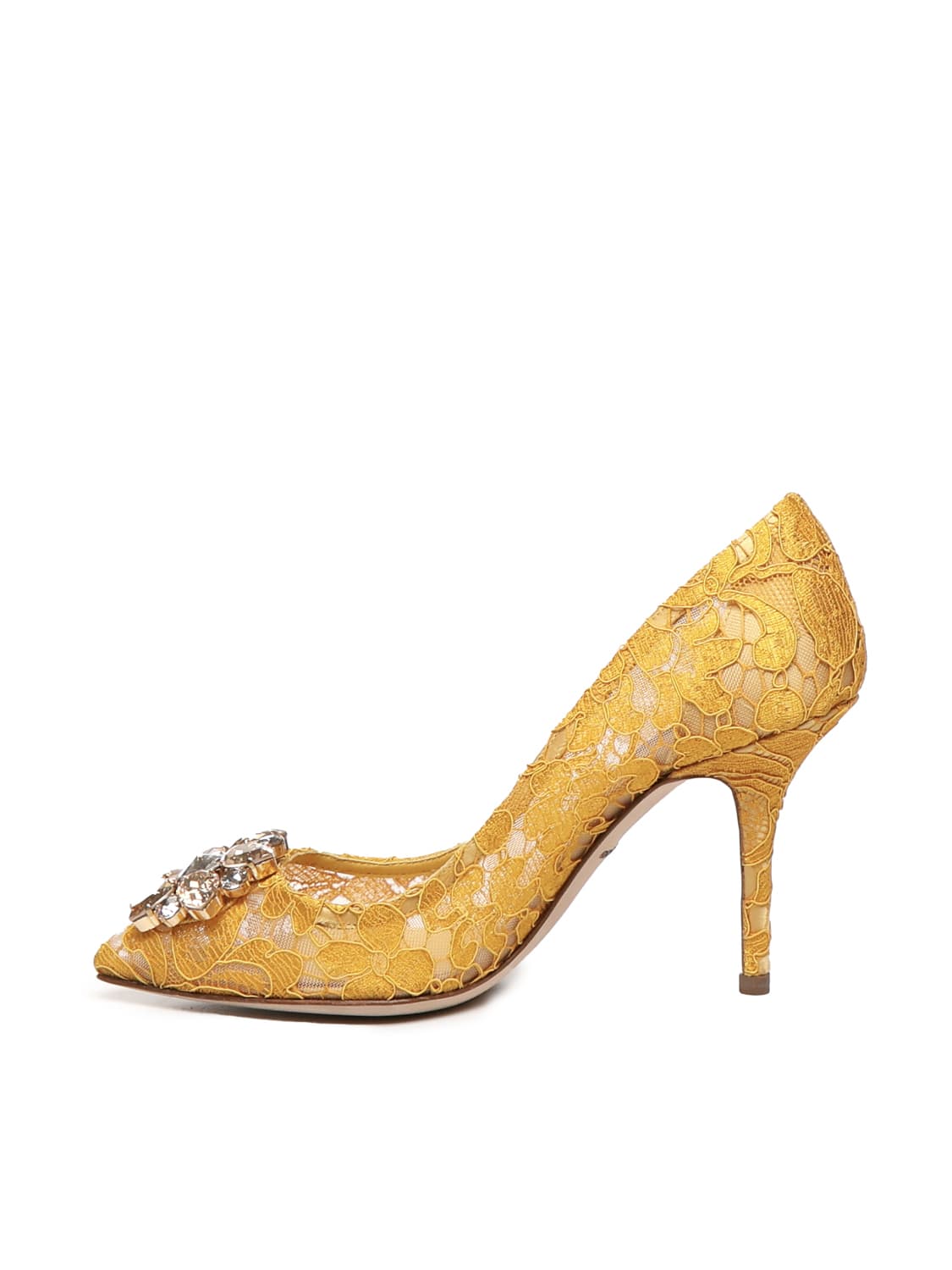 Shop Dolce & Gabbana Bellucci Taormina Lace Pumps With Crystals In Mustard