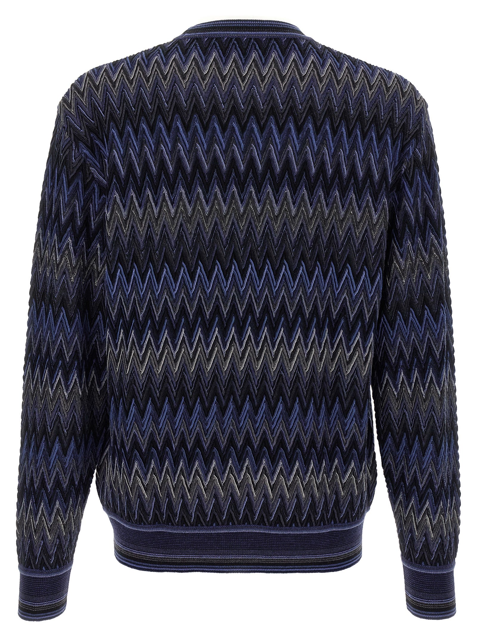 Missoni Zigzag Pattern Wool Sweater With Crew Neck In Blue