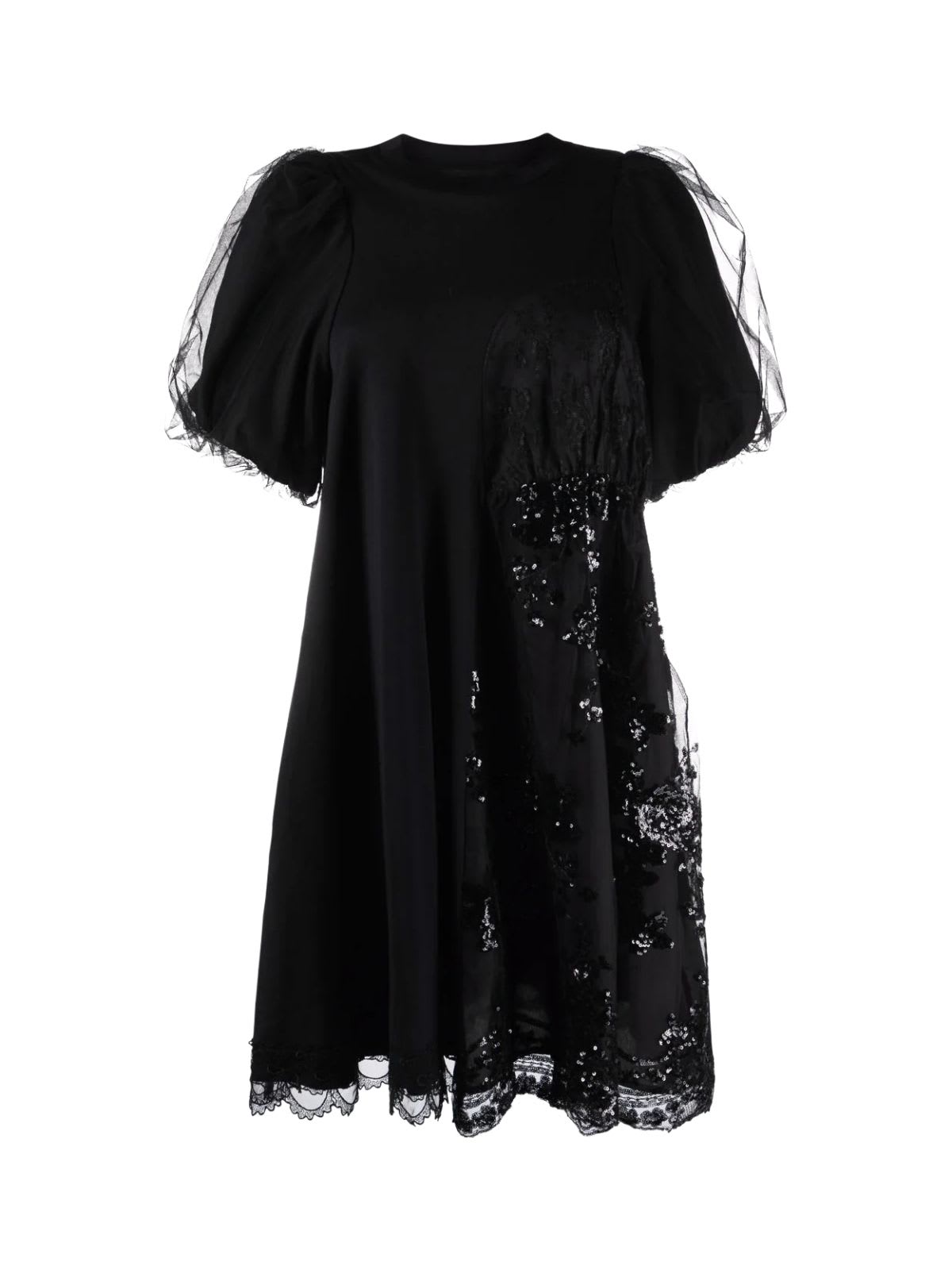 Simone Rocha Tulle Overlay Short Sleeve Patchwork Dress W/trim