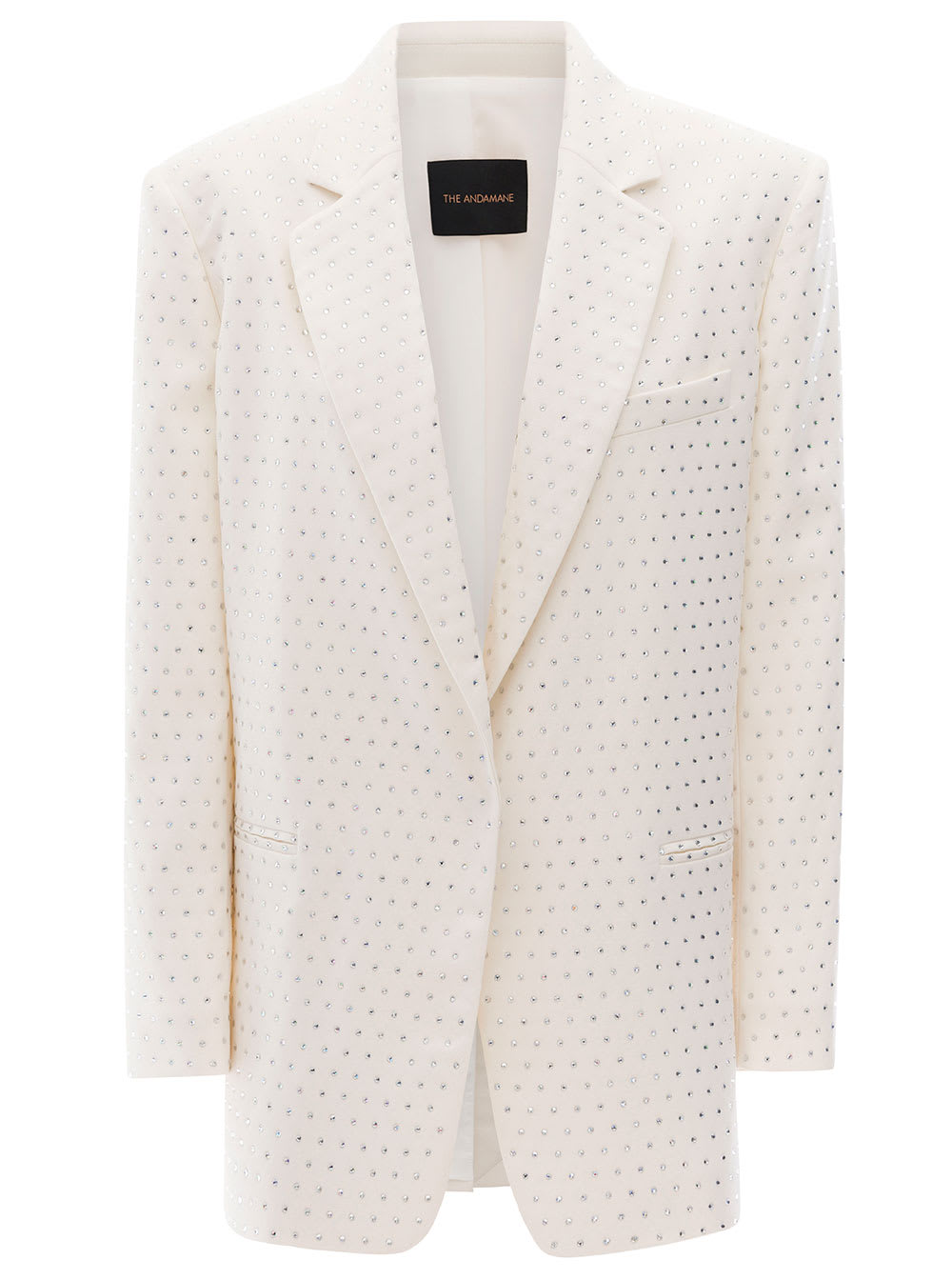 Shop The Andamane Guia Crystal White Oversized Single-breasted Jacket With All-over Rhinestone Embellishment In Polyes