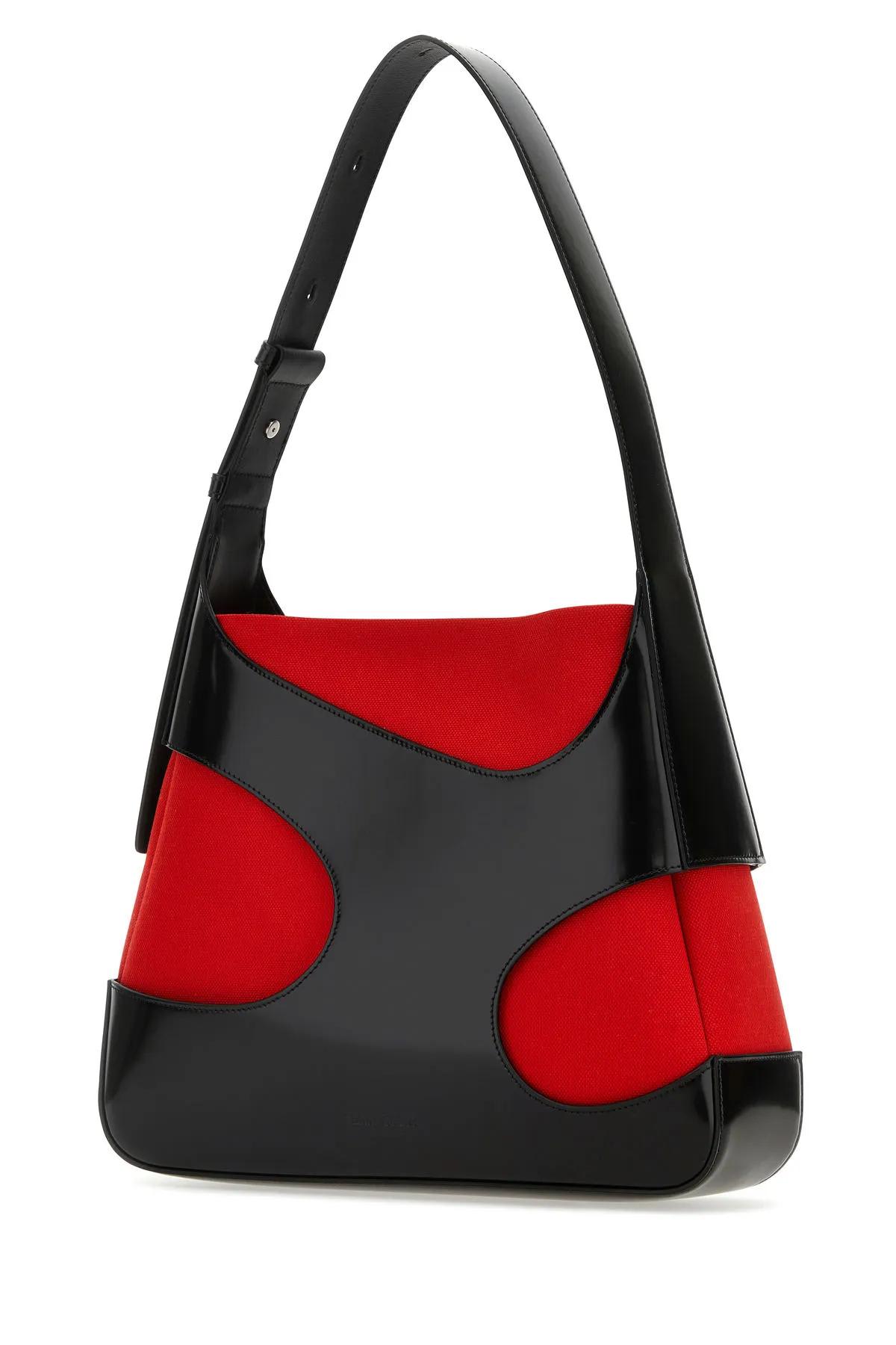 FERRAGAMO TWO-TONE LEATHER AND CANVAS CUT OUT L SHOULDER BAG