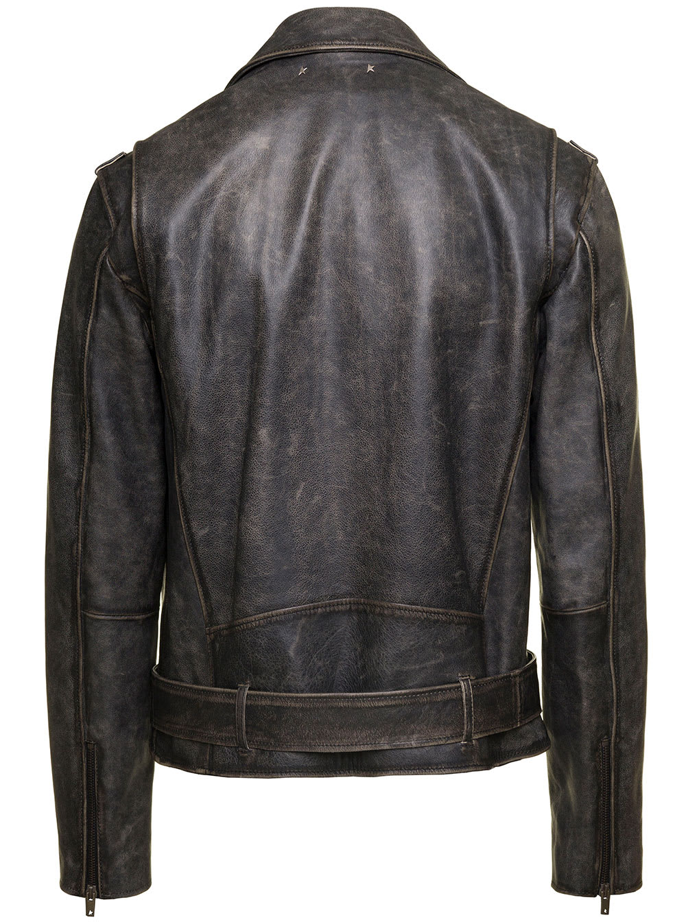 Shop Golden Goose Black Biker Jacket With Notched Revers And Leopard Lining In Leather Man