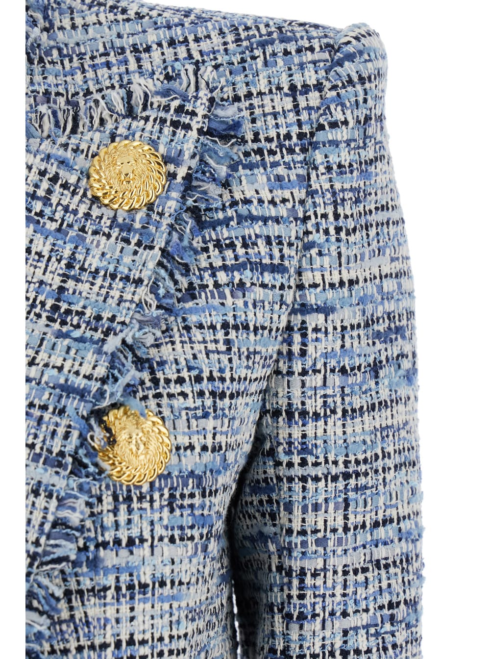Balmain Spencer Button-embellished Frayed Cotton-blend Tweed Blazer In Blu