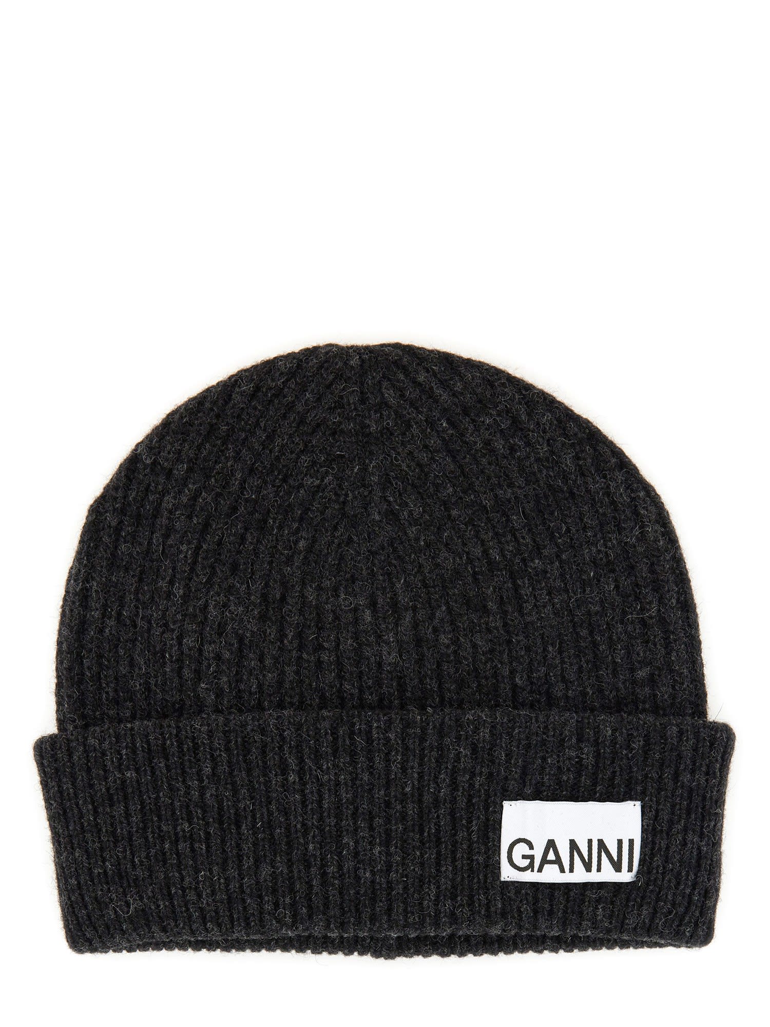 Shop Ganni Beanie Hat With Logo In Phantom