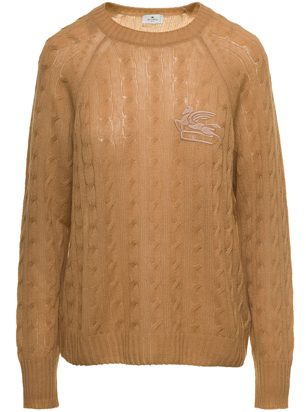 ETRO BEIGE BRAIDED PULLOVER WITH EMBROIDERED LOGO ON THE CHEST IN CASHMERE WOMAN