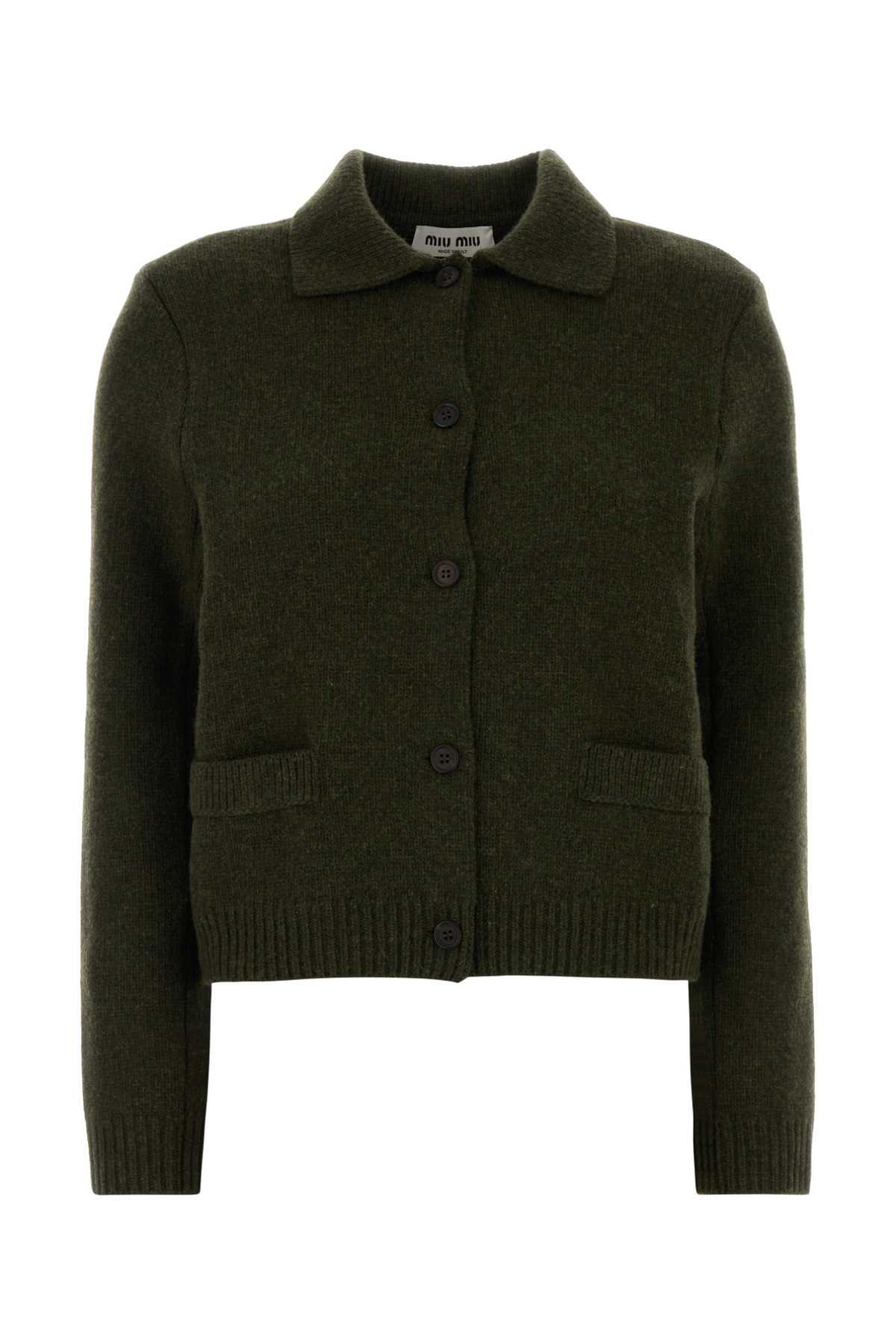 Miu Miu Wool Cardigan With Collared Design And Pockets In Green