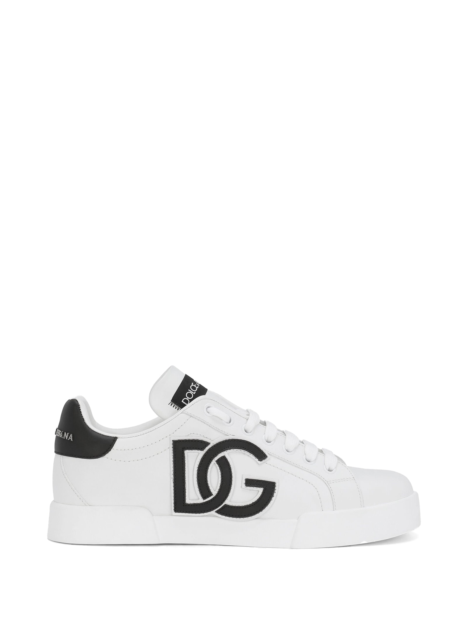 Dolce & Gabbana Portofino Leather Sneaker With Logo In Bianco Nero