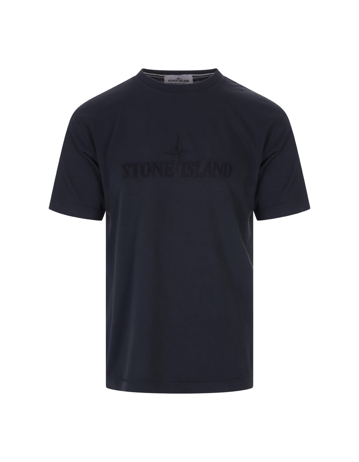 Stone Island Man Navy Blue Cotton T-shirt With Embroidered Logo
