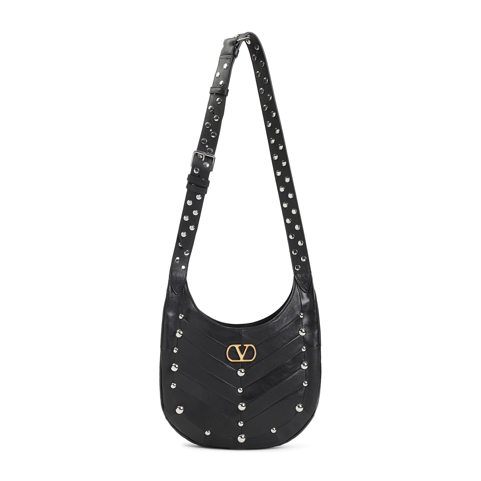 Valentino Garavani Hoboho Hobo Bag In Chevron-patterned Nappa Leather With Studs In Black