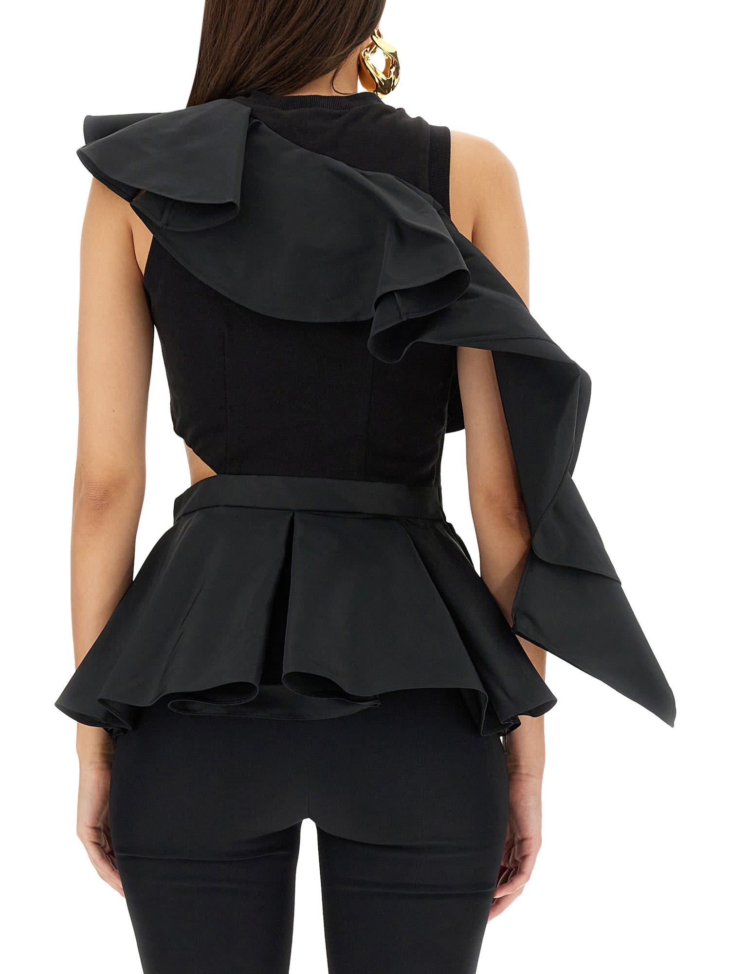 Alexander Mcqueen Alexander Mc Queen Asymmetric Ruffle Hybrid Top In Black