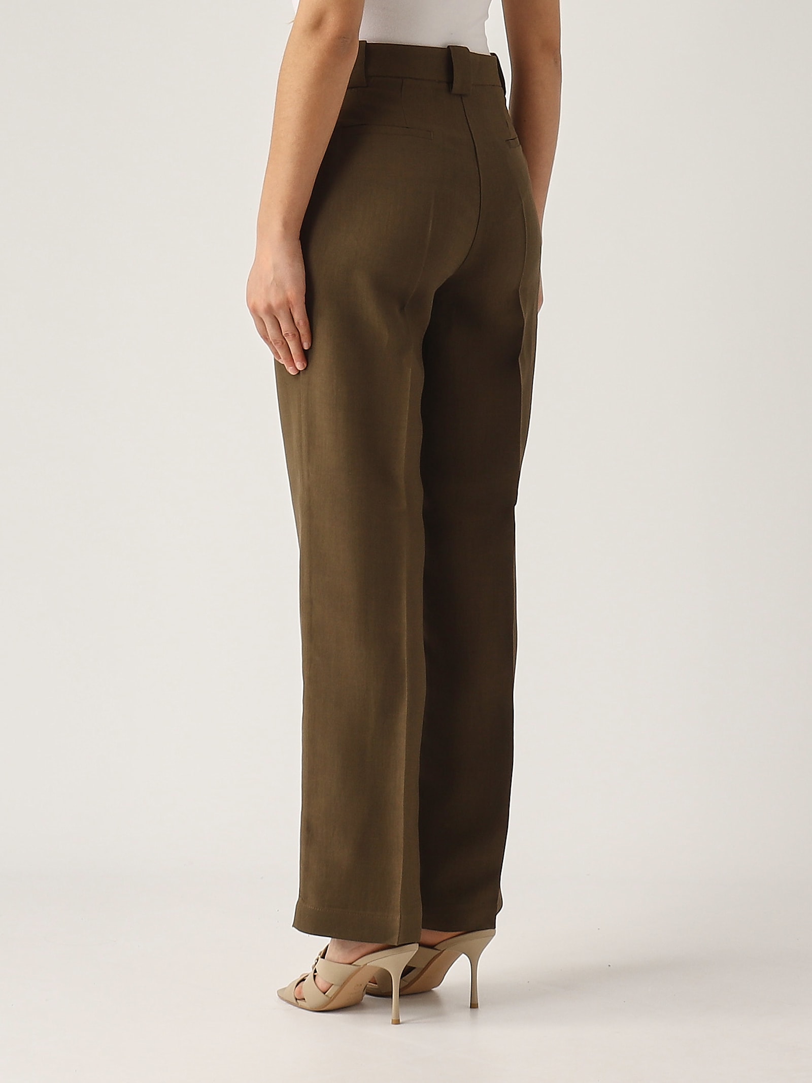 Pinko Green Pants With Belt Loops And Pleats In Viscose And Linen Blend Woman In Bruciato