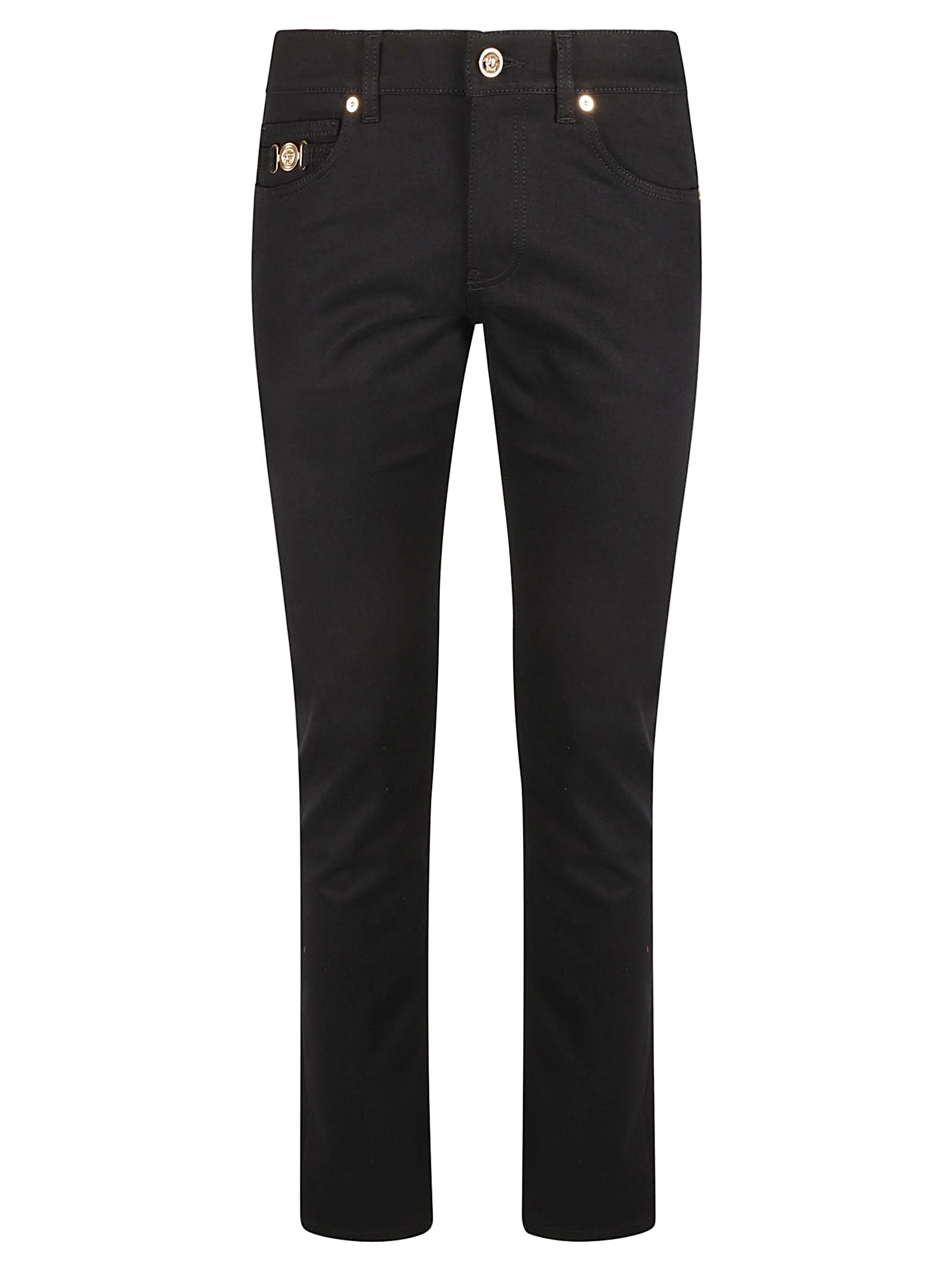 Shop Versace Button Fitted Jeans In Black