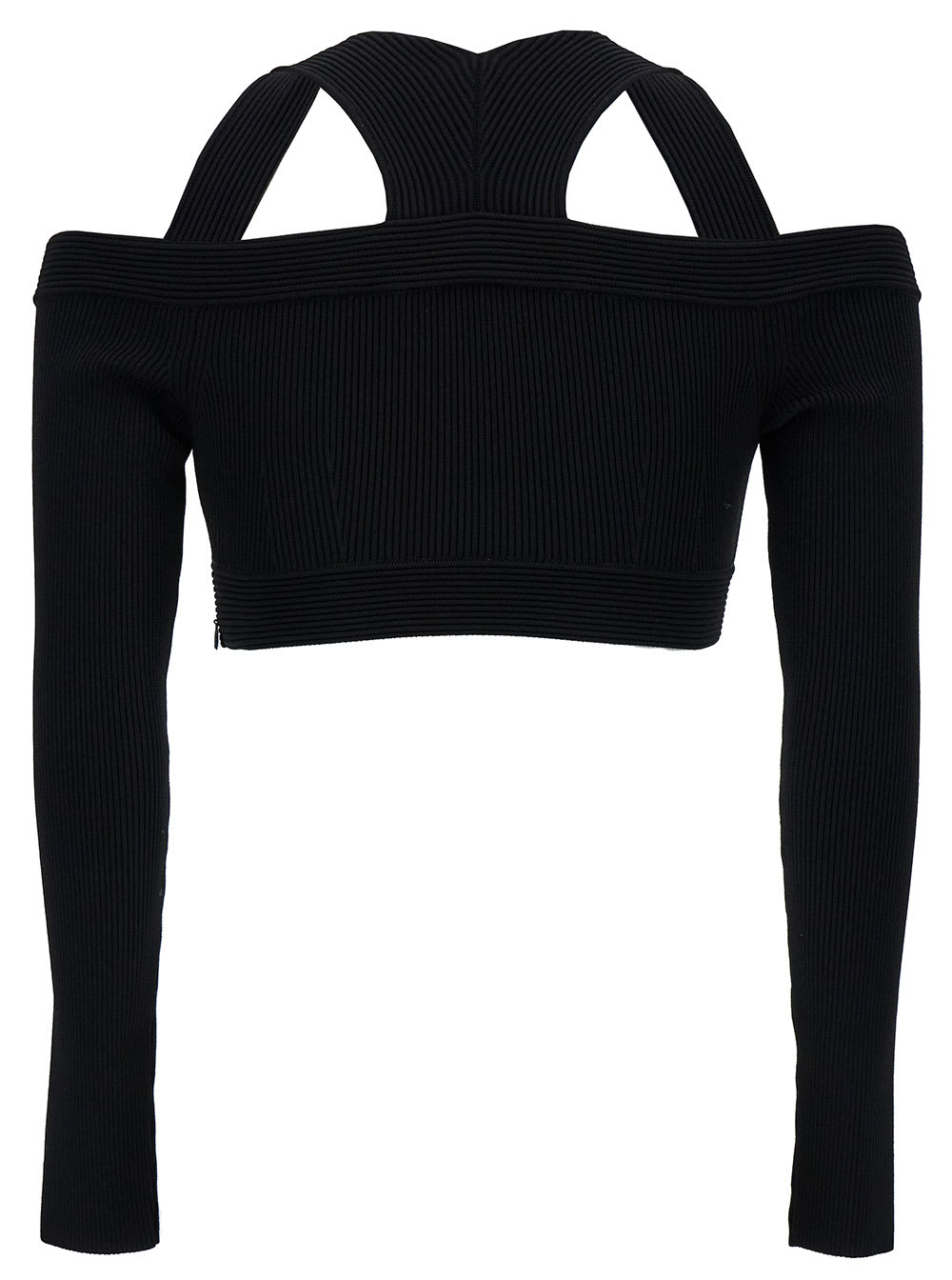 Shop Alexander Mcqueen Black Cropped Top With Shoulders Cut-out In Stretch Viscose Blend Woman