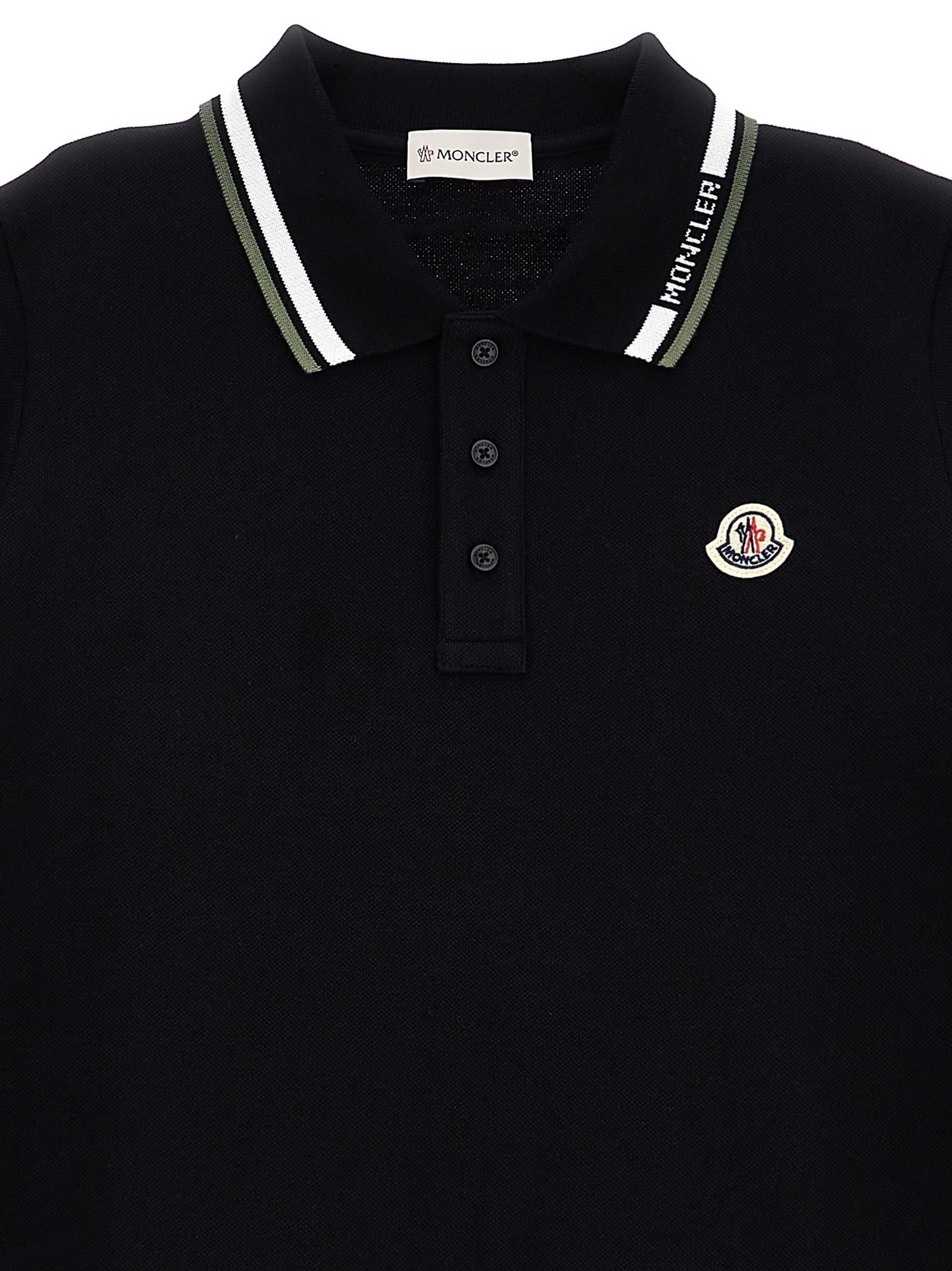 Moncler Kid - Tricolour-trimmed Cotton Piquet Polo Shirt In Black