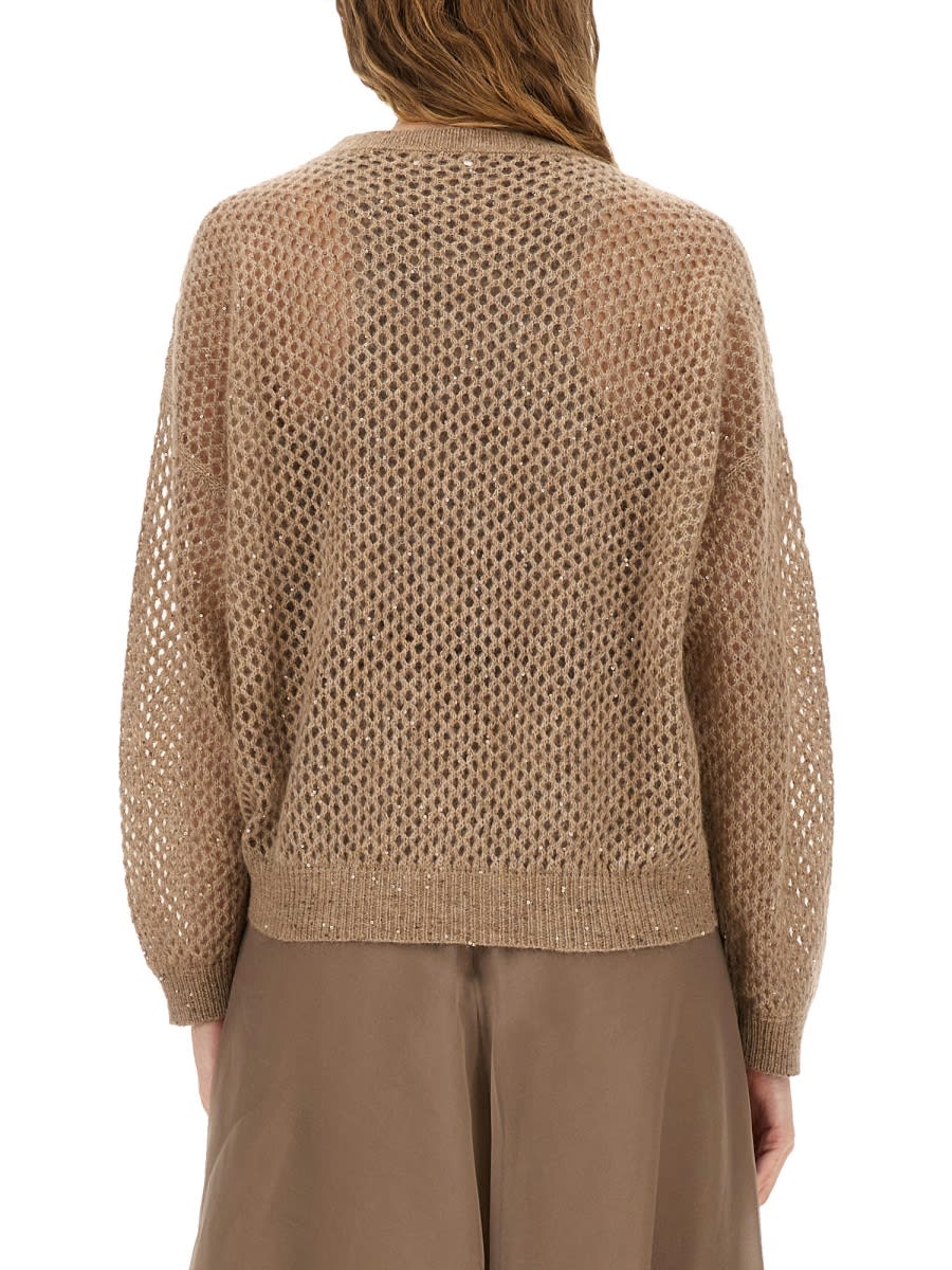 Brunello Cucinelli Net Sweater With Crew Neck And Open-knit Design In Brown