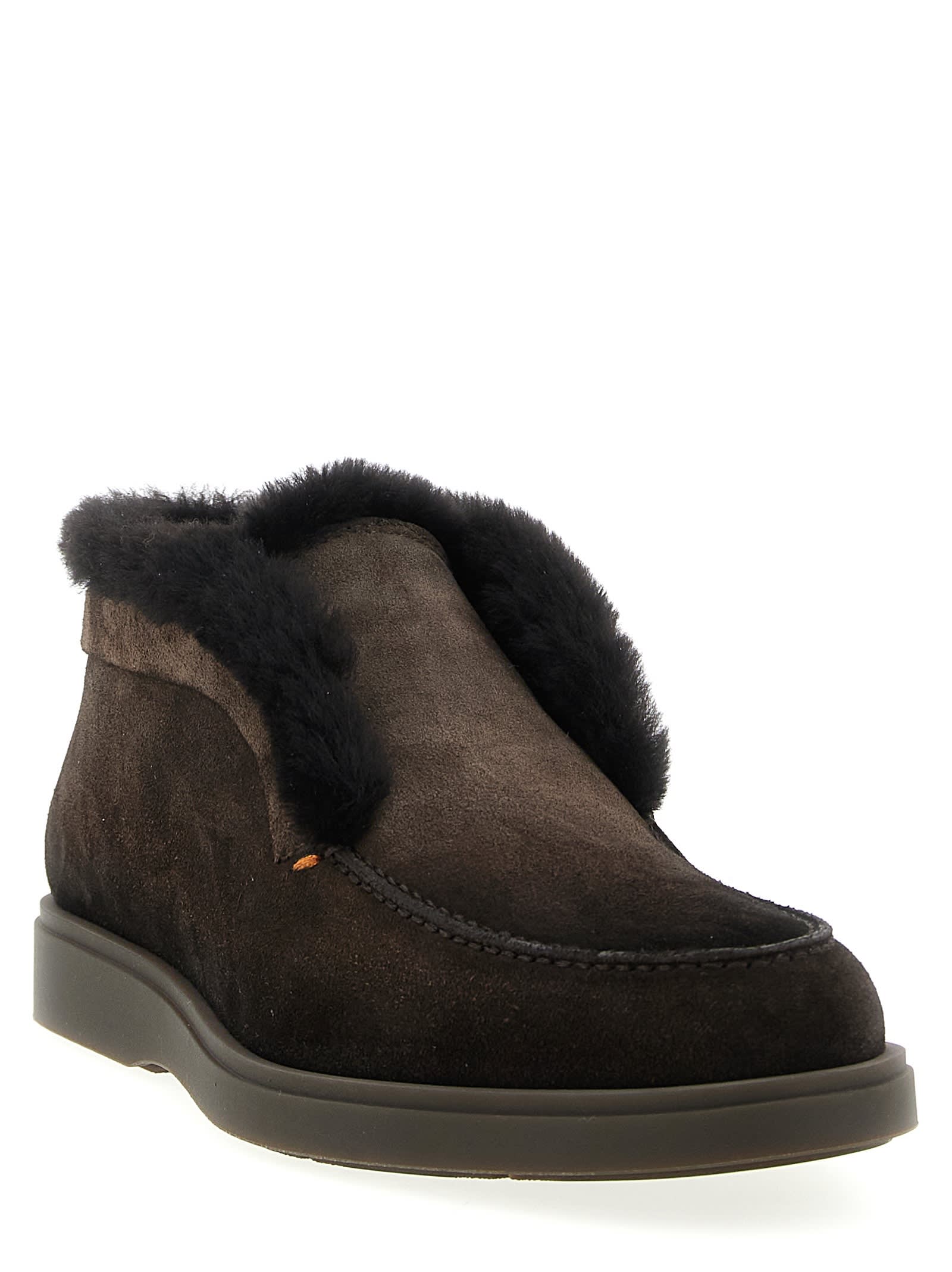 Santoni Suede Shearling Ankle Boots In Brown