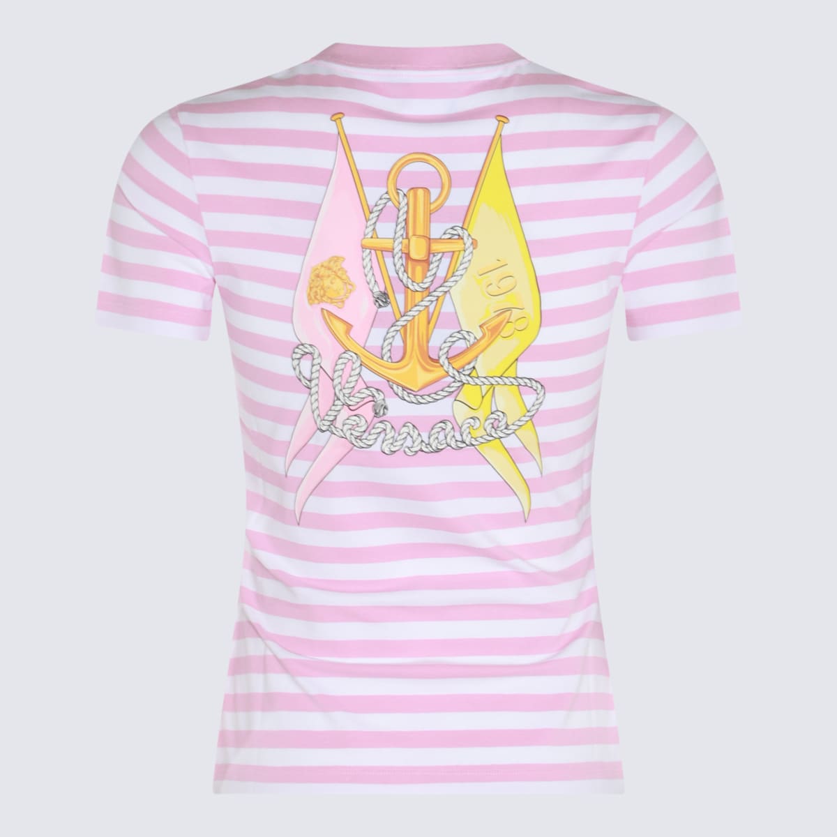 Shop Versace Pink And White Cotton Blend T-shirt In White+pale Pink+multicolour