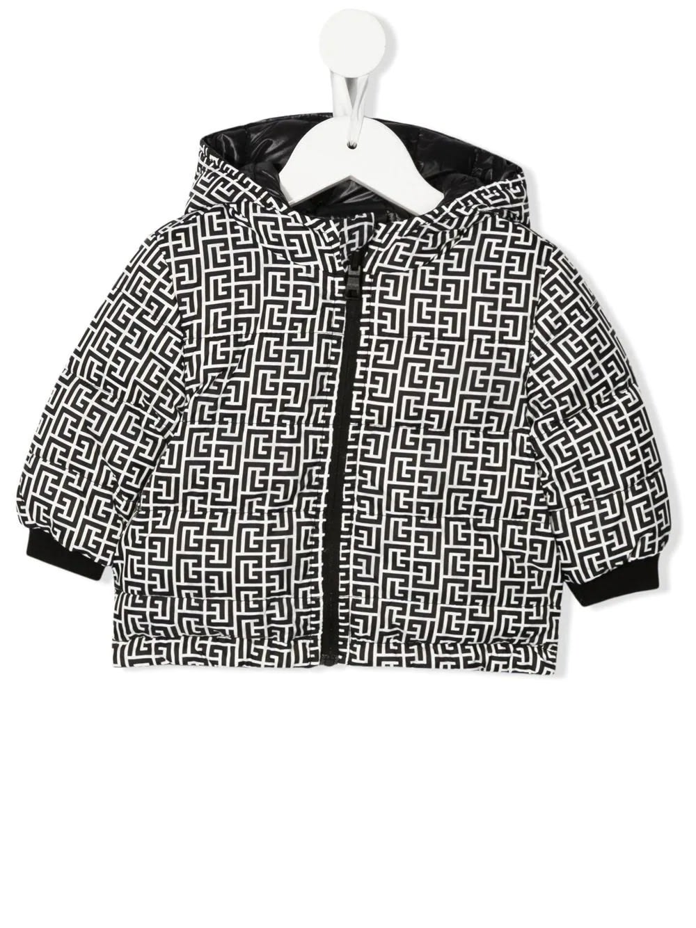 BALMAIN KIDS HOODED JACKET IN BLACK AND WHITE WITH MONOGRAM ALL-OVER