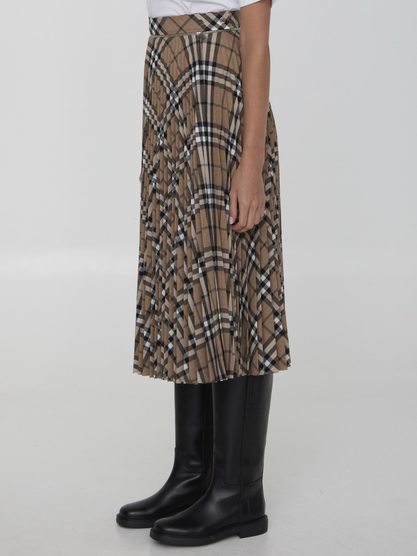 Shop Burberry Check Pleated Skirt In Brown