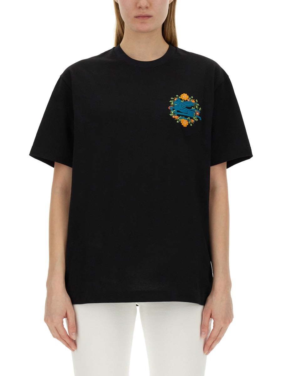 Etro T-shirt With Pegasus Embroidery In Black