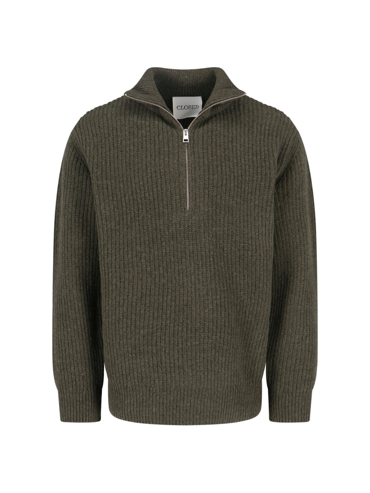Closed High Collar Long Sleeve Knit Sweater In Green