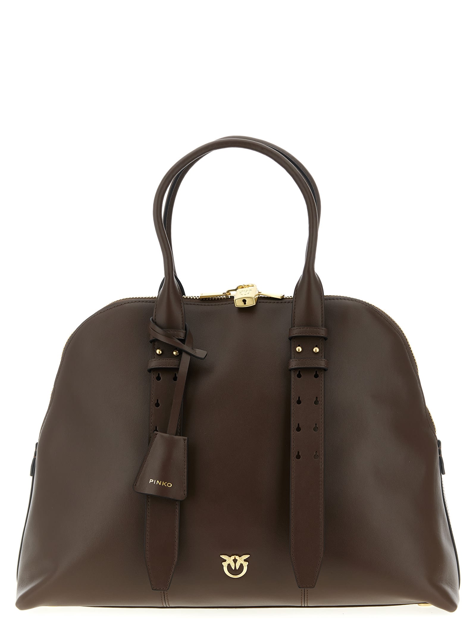 Pinko Escape Love Birds Logo Leather Bowling Maxi Tote Bag In Brown