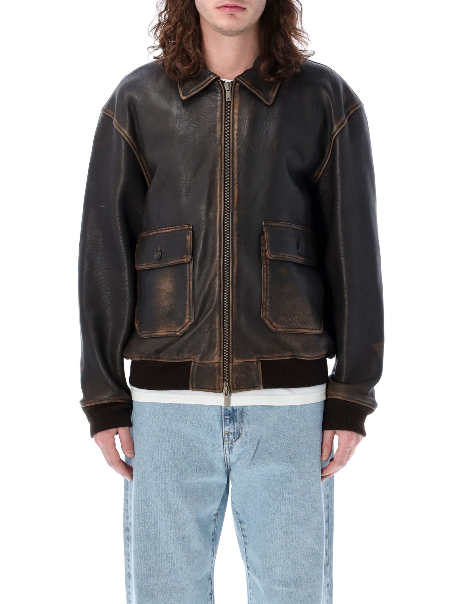 Shop Golden Goose Bomber Leather Jacket In Brown