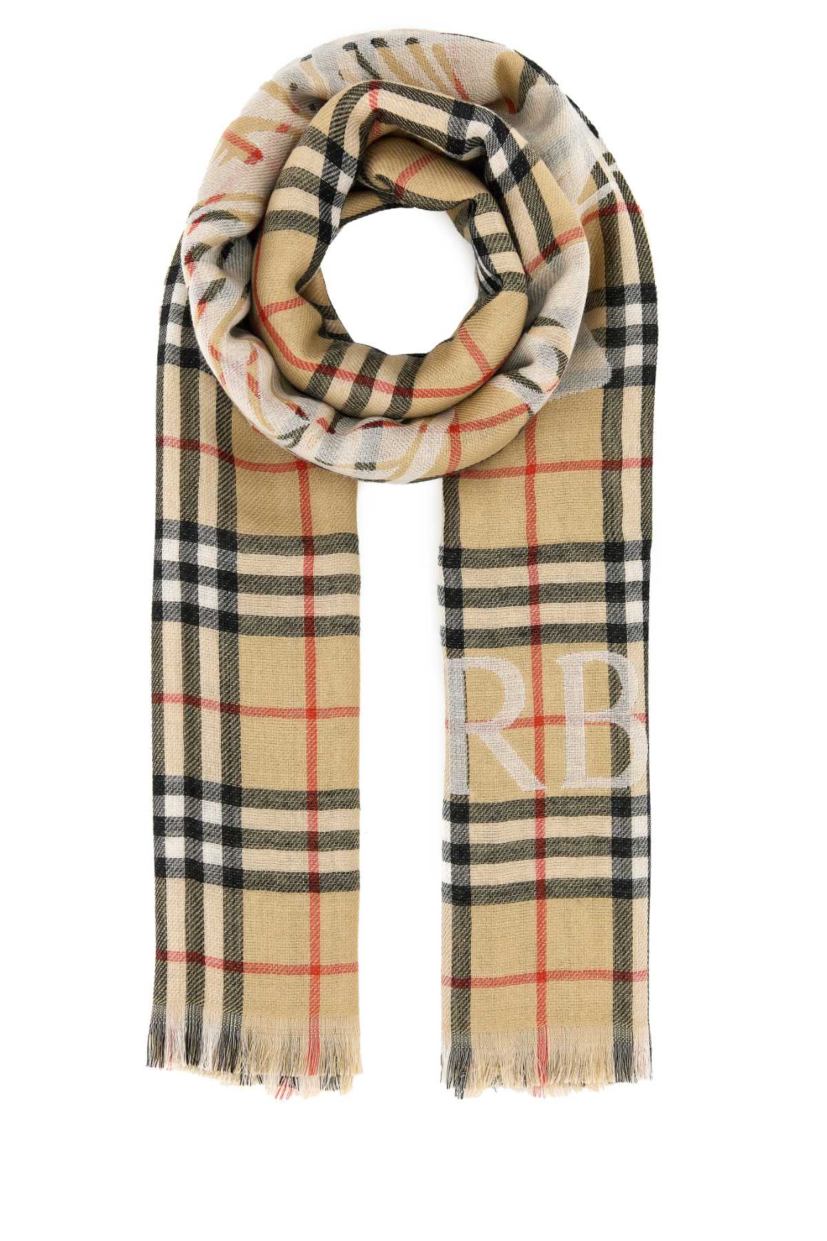 Burberry Wool Scarf With Embroidered Check Pattern And Fringed Edges In Sand
