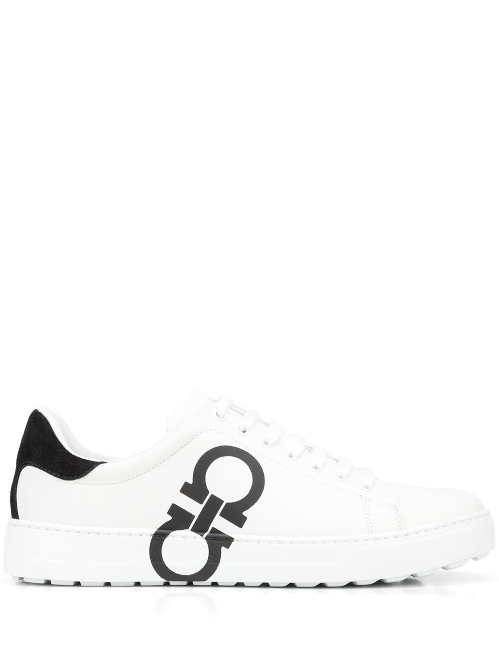 Salvatore Ferragamo Mans White And Black Leather Sneakers With Gancini Print