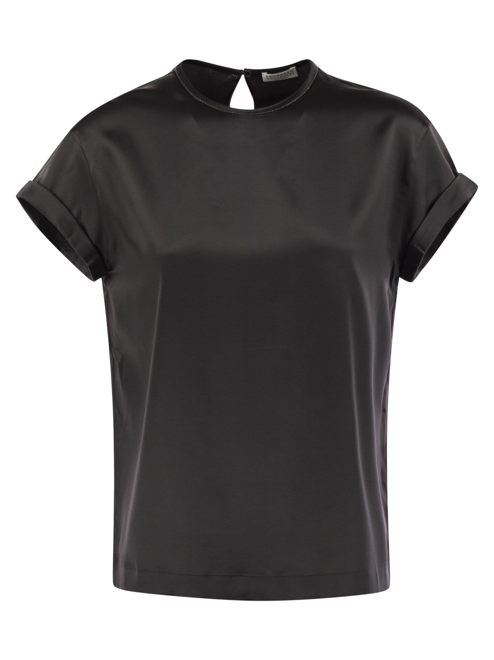 Shop Brunello Cucinelli Stretch Silk Satin T-shirt With Necklace In Anthracite