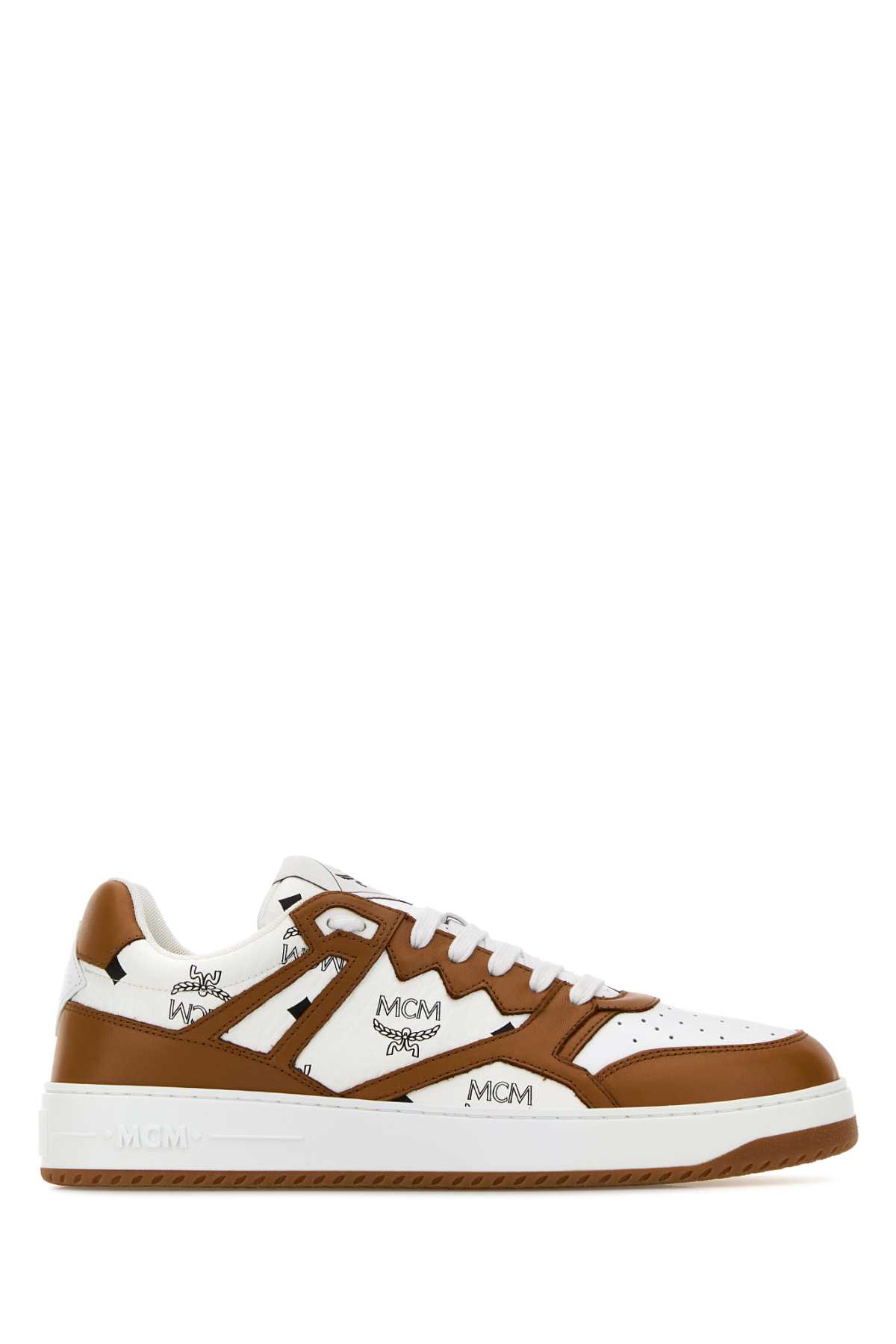 Shop Mcm Printed Canvas Neo Terrain Sneakers In Cognacoffwhite