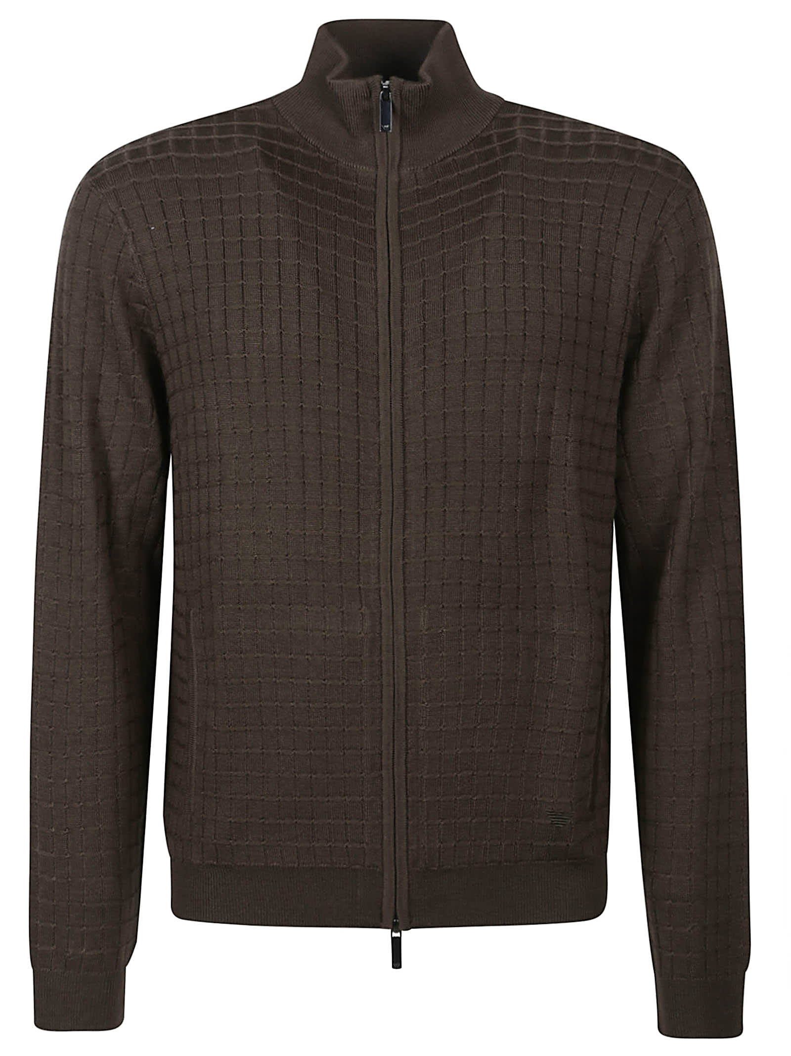 Emporio Armani Grid-pattern Zip-up Cardigan In Black