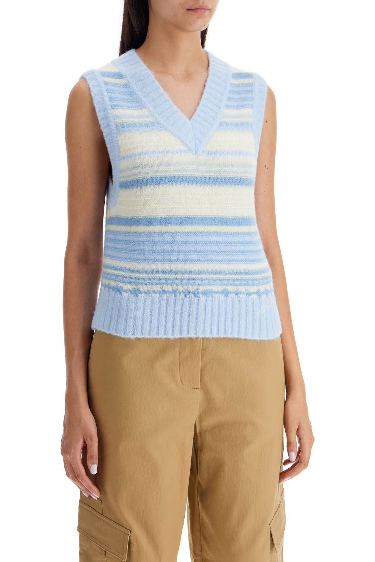 Shop Ganni Soft Striped Knit Vest With A Comfortable In Skyway (light Blue)