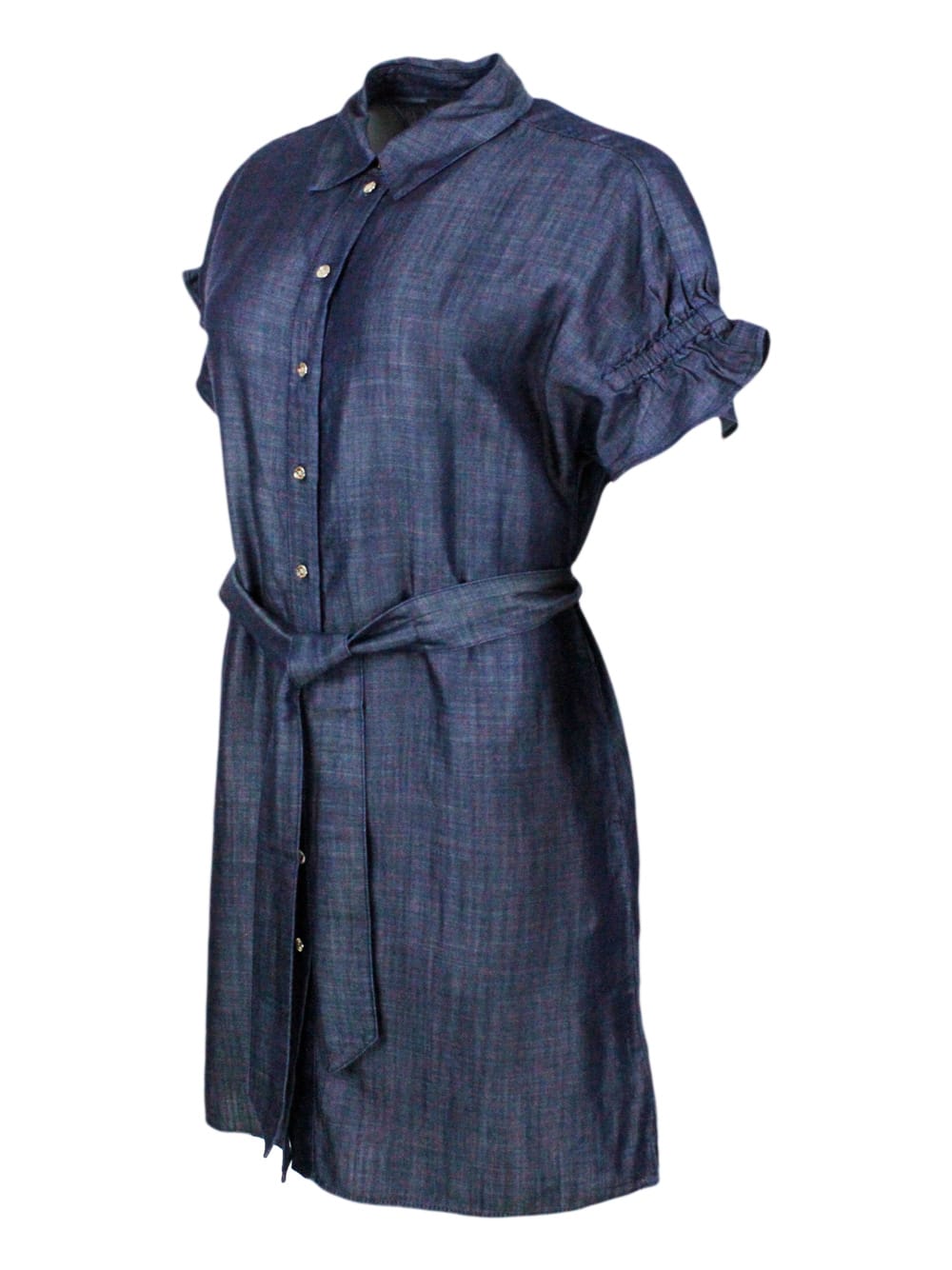 Shop Armani Collezioni Lightweight Denim Dress With Gathered Sleeves With Button Closure And Belt Supplied In Denim Dark