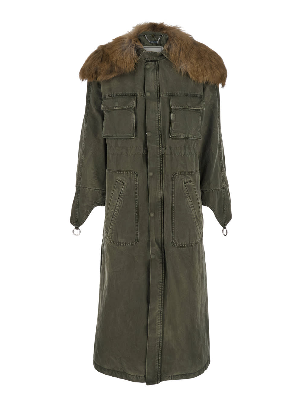Blumarine Green Long Coat With Removable Fur Detail In Cotton Woman In Green