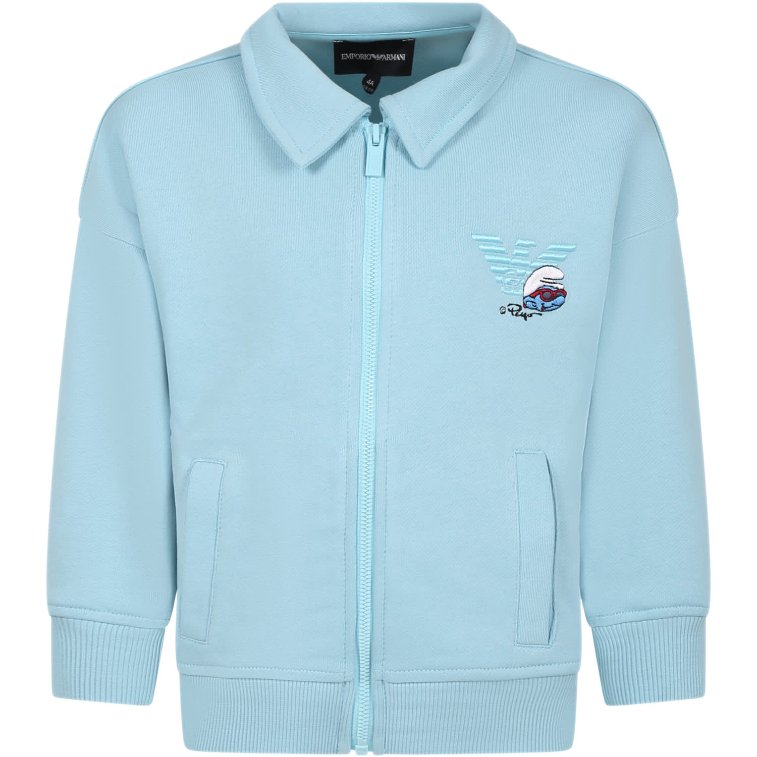 Shop Armani Collezioni Sky Blue Sweatshirt For Boy With The Smurfs In Light Blue